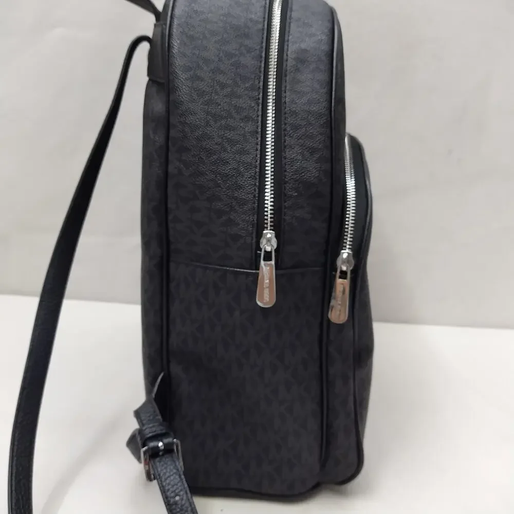 Michael Kors Black Coated Canvas Leather Trim MK Printed Zipper Backpack